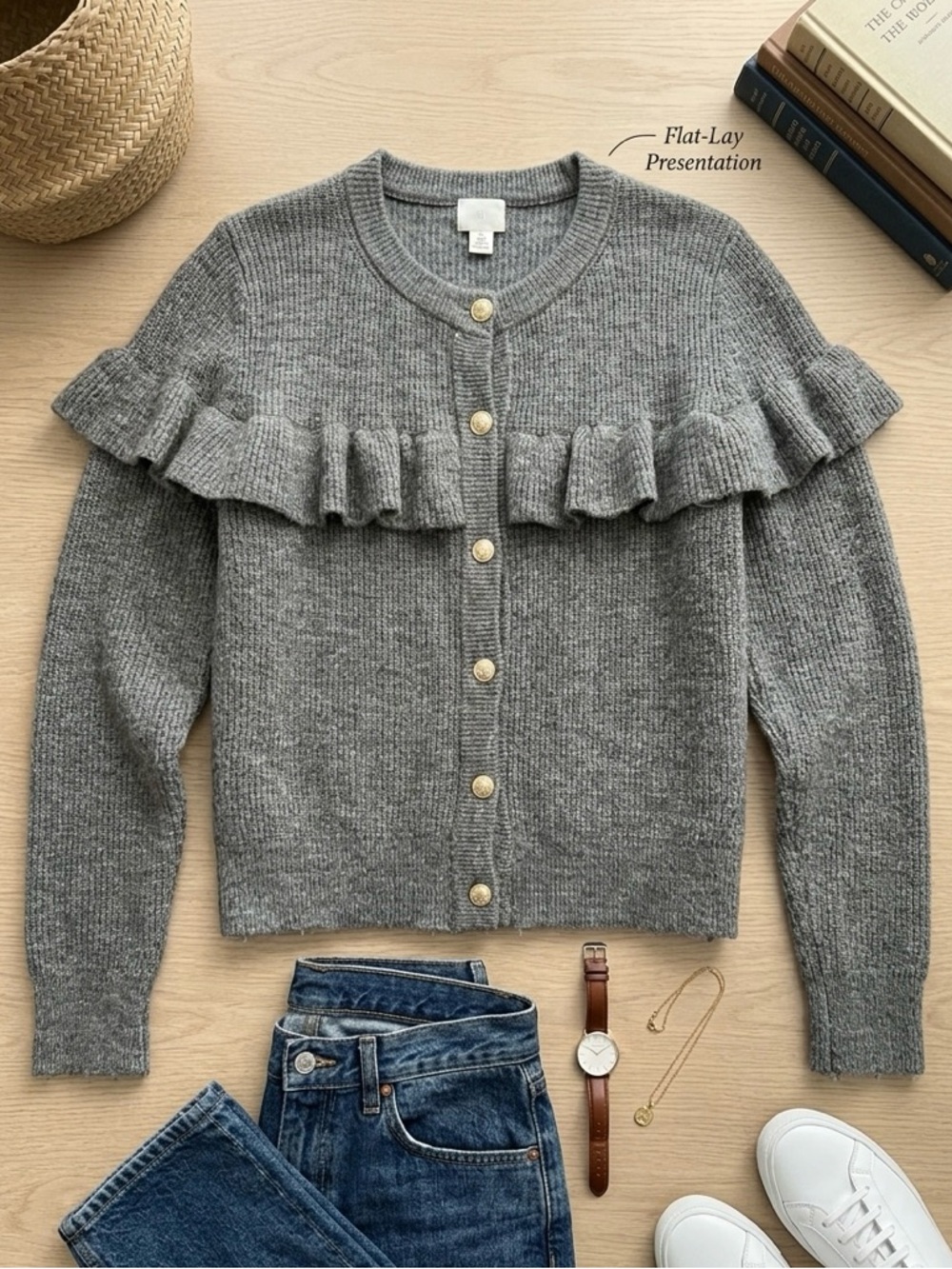 H&M Grey Ruffle-Detail Ribbed Knit Sweater Cardigan - Picture 6 of 13